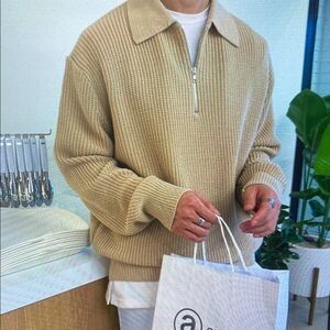 Men's Beige Sweater with Half-Zip